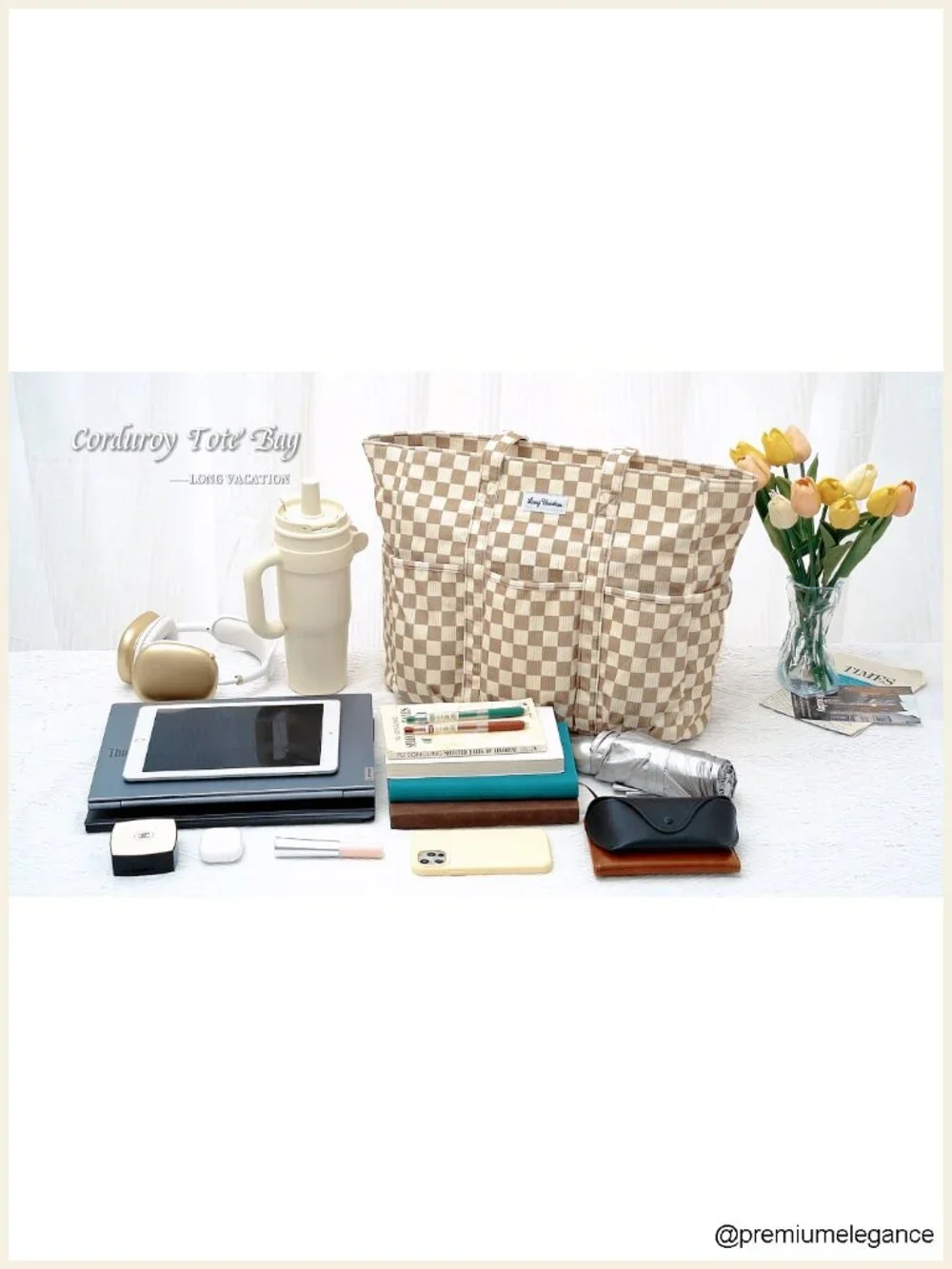 Large Corduroy Tote Bag with 16 Pockets & 40oz Cup Holder - Laptop Work Bag